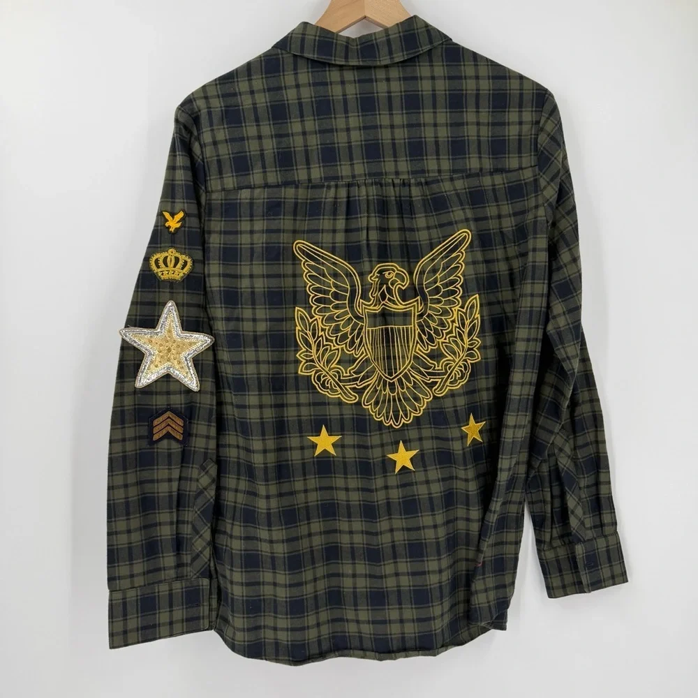 Two Thirty One Military Theme Patched Plaid Boyfriend Shirt Size M - Picture 8 of 11